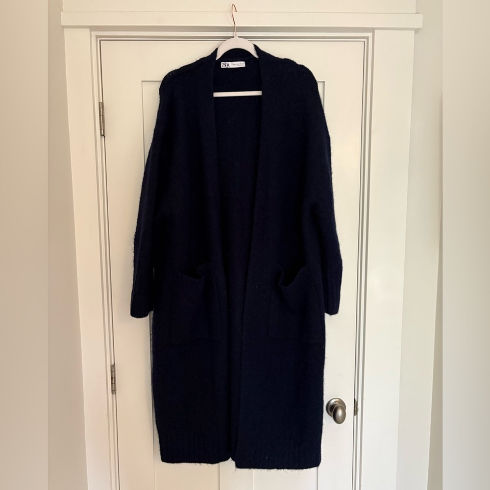Zara Long Patch Pocket Cardigan Navy Sz M/L - Picture 7 of 12
